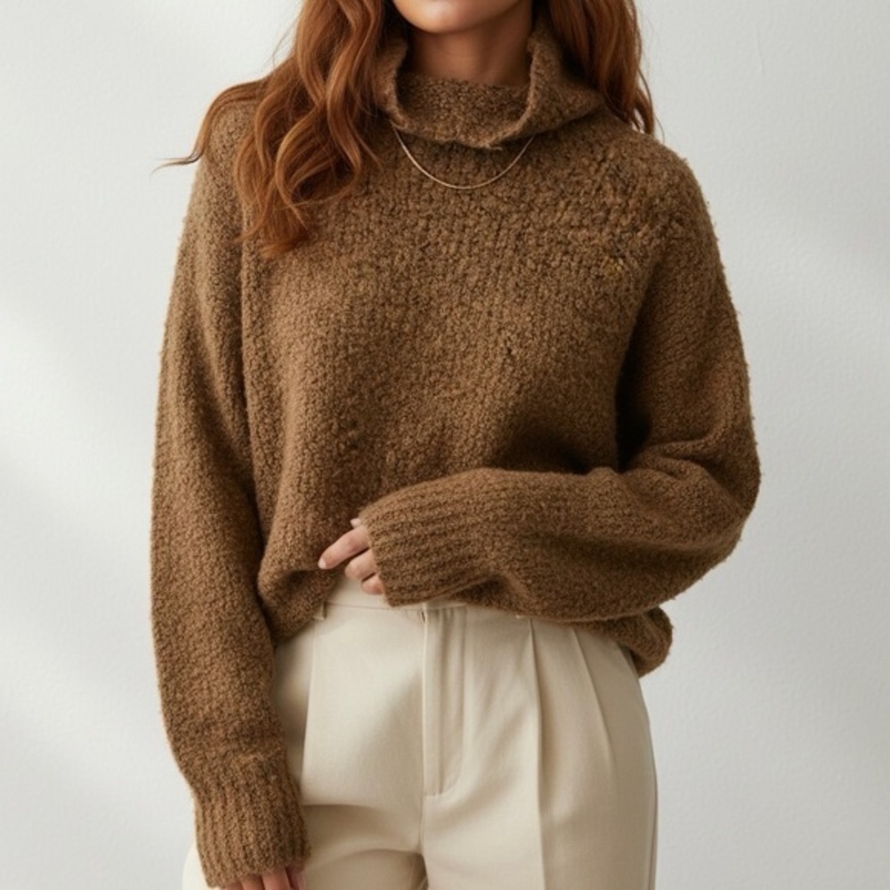 J. CREW Turtleneck Sweater In Boucle Yarn Alpaca Blend in Honey Brown CE691